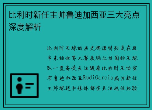 比利时新任主帅鲁迪加西亚三大亮点深度解析
